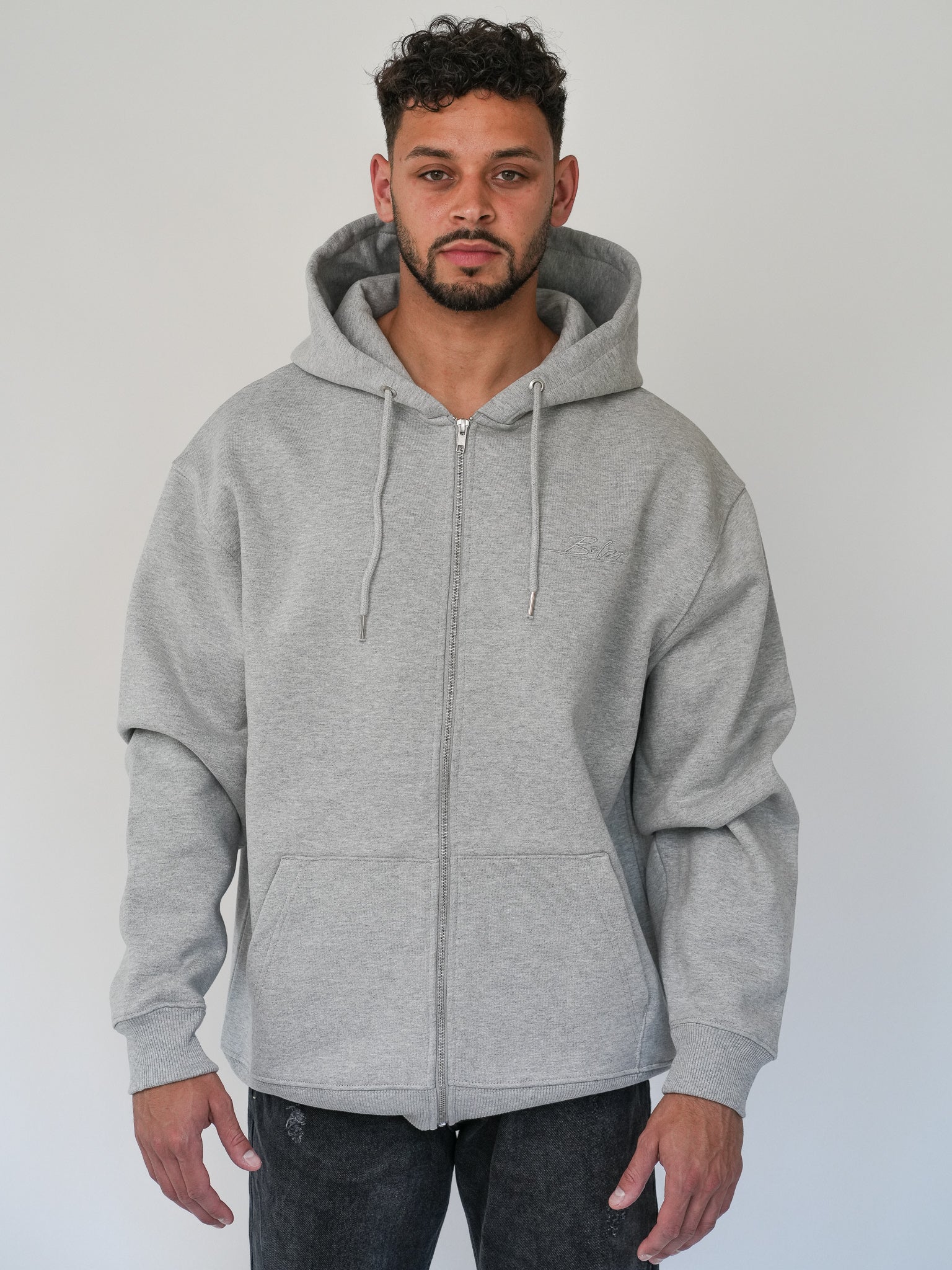 Bolzr Embroidered Hoodie Zip | Gray | oversized